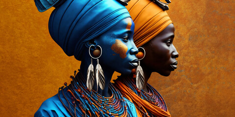two tribal women side by side in blue and orange, black women with traditional african headdress, fictional persons created with generative ai