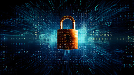 A close-up of a locked padlock on a digital background with code and binary numbers, representing the importance of cybersecurity in the digital age. Generative AI