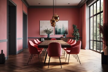 Fototapeta premium Interior design for a meeting room featuring a wooden floor, a pink wall, and red cloth chairs. Interior meeting and dining room mockup for an apartment building, condo, or show home. Generative AI