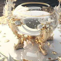 A glass table maximalism intricate gold details white 3d render clear white gold octane gold dust detailed 8k 