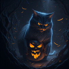 halloween cat with pumpkin and bats