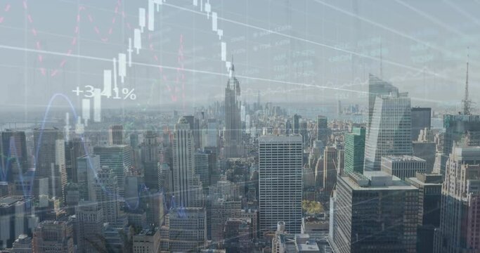 Animation of financial and stock market data processing against aerial view of cityscape