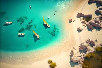 Caribic hight resolution very realistic yellow sand clear water Photorealistic 8k resolution large bay sailing boats view from above dolphins in the water extremely detailed 