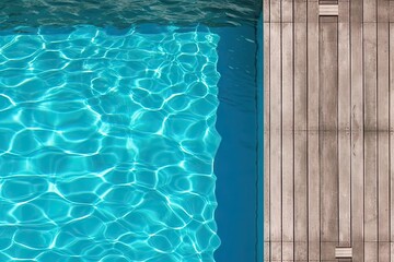 Poolside paradise. Top view of an empty outdoor pool with wooden board on beautiful relaxing background