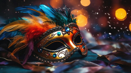 Carnival Party. Venetian mask banner with defocused bokeh lights. AI generative