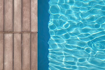 Poolside paradise. Top view of an empty outdoor pool with wooden board on beautiful relaxing background
