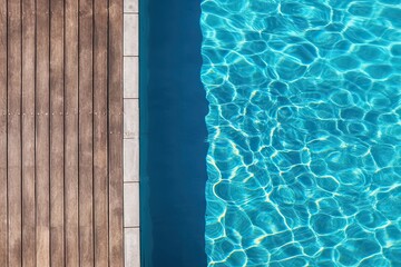 Poolside paradise. Top view of an empty outdoor pool with wooden board on beautiful relaxing background