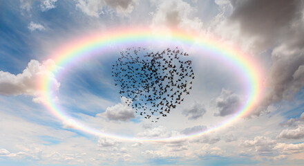 Starling Birds (Heart of shape) flying above amazing round shape rainbow