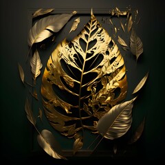 big long leaf pattern fractured with inside another world forest iper realistic dark atmosphere gold leaf 