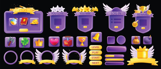 3D UI game asset set, button GUI interface vector design elements, mobile video app icon menu kit. Golden crown, winner star badge, window banner frame, level up avatar border. UI game prize indicator © Oleksandra