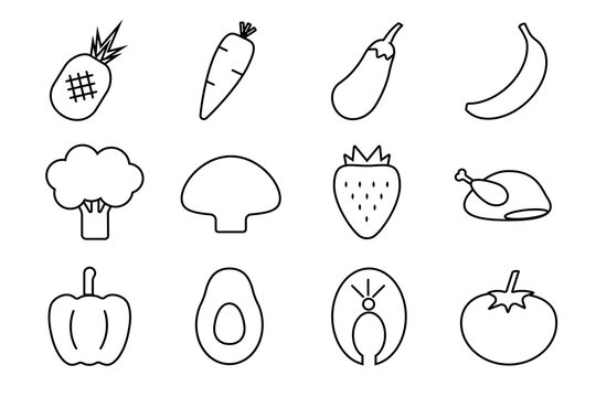 set of icons with healthy food on a white background, vector