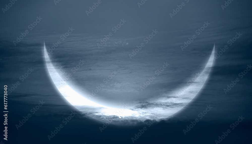 Poster ramadan concept - abstract background with crescent moon over the sunset clouds