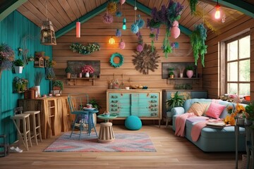 Fototapeta na wymiar Interior design in a bohemian wood style with birthday decorations for the living room, kitchen, and kids' rooms in shades of blue, green, and pink. Generative AI