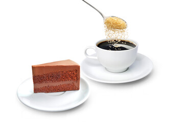 Spoon pouring granulated sugar into coffee mug with chocolate cake front view isolated PNG transparent