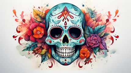 Fototapete Aquarellschädel Day of the dead watercolor skull. Dia de los muertos aquarelle skull with flowers on white background. Holiday banner with the skull created for postcard, poster, web site, greeting invitation. AI