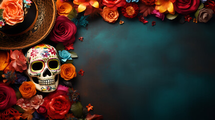 Day of the dead dark background with Skull mask, mexiacan hat and flowers. Holiday banner with traditional skull for postcard, poster, web site, greeting invitation, Copy Space. AI generated