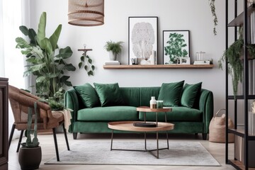 interior design of a white living room with a green sofa, a wooden table, and stylish decor. Generative AI