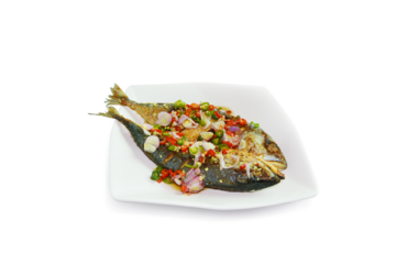 Salted mackerel salad in a white square plate It is a popular food of Thailand PNG transparent