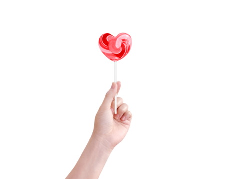 Heart shaped lollipop candy in hand isolated PNG transparent