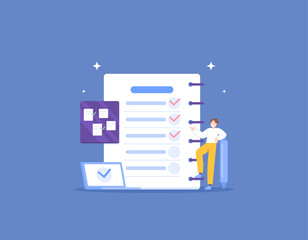 Management of projects and tasks. an employee and a to-do list. give a tick. Manage tasks so that they can be completed effectively, quickly, optimally, and precisely. illustration concept design