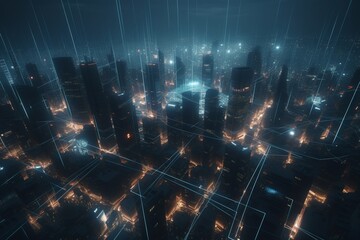 A futuristic cityscape with advanced communication and networking technology, Generative AI