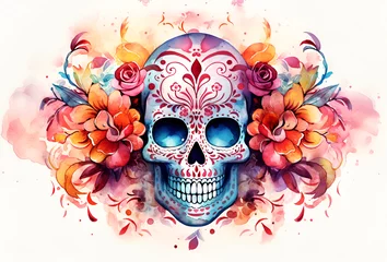 Papier Peint photo Crâne aquarelle Day of the dead watercolor skull. Dia de los muertos aquarelle skull with flowers on white background. Holiday banner with the skull created for postcard, poster, web site, greeting invitation. AI