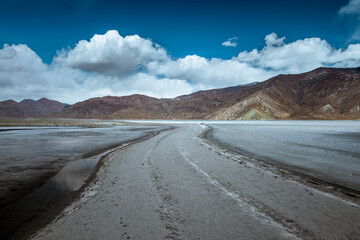A walkway amidst the fully frozen Pangong Lake, inviting you to explore the captivating natural landscape on a sunny day, under a clear blue sky adorned with fluffy white clouds