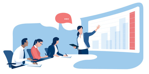 Plan. Growth. Business meeting. The female leader explains the growth strategy. Vector illustration. 