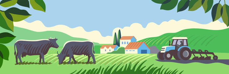 Rural landscape with tractor and cows. Agriculture © bioraven