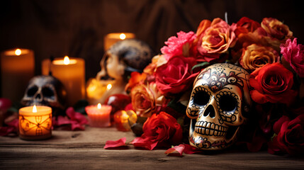 Day of the dead background with skull mask, candles and flowers, front view, close up. Holiday banner with dia de los muertos skull for postcard, poster, web site, greeting invitation. Copy Space. AI - Powered by Adobe