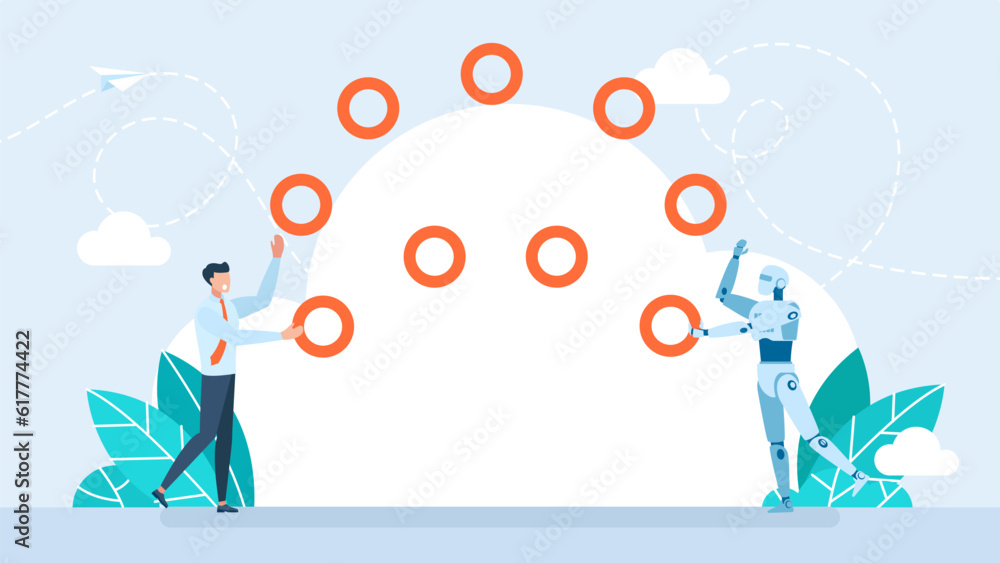 Poster cooperation between man and artificial intelligence. businessman and robot juggling. virtual reality