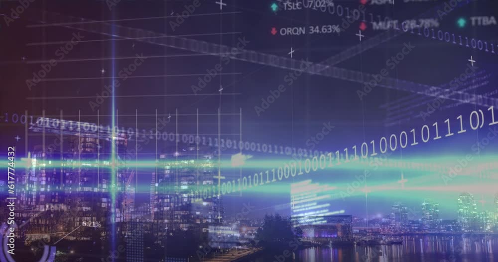 Aufkleber animation of statistical and stock market data processing against view of cityscape at night