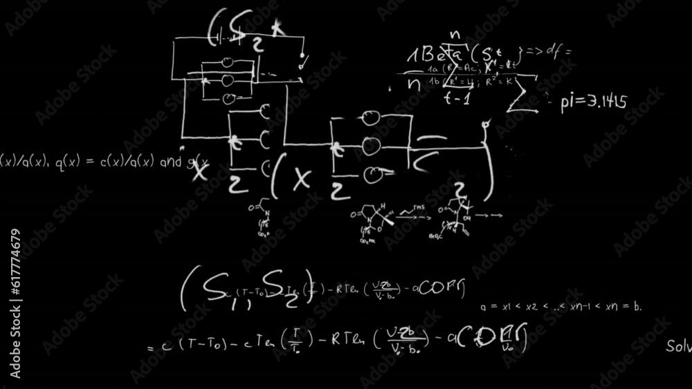 Poster animation of mathematical equations, formulas and diagrams floating against black background