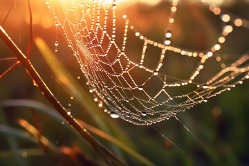 A spider's web, exquisitely adorned with dew drops, against the backdrop of a sunrise. Generative AI