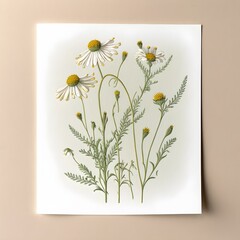 chamomile painted on paper botanical minimalist drawing Taxonomic realistic high resolution screenprint lithograph 8k super detailed 