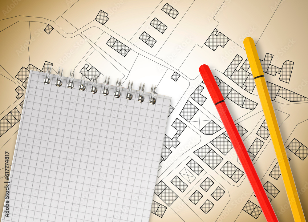 Poster 3d rendering of colored work tool over a cadastral map of territ