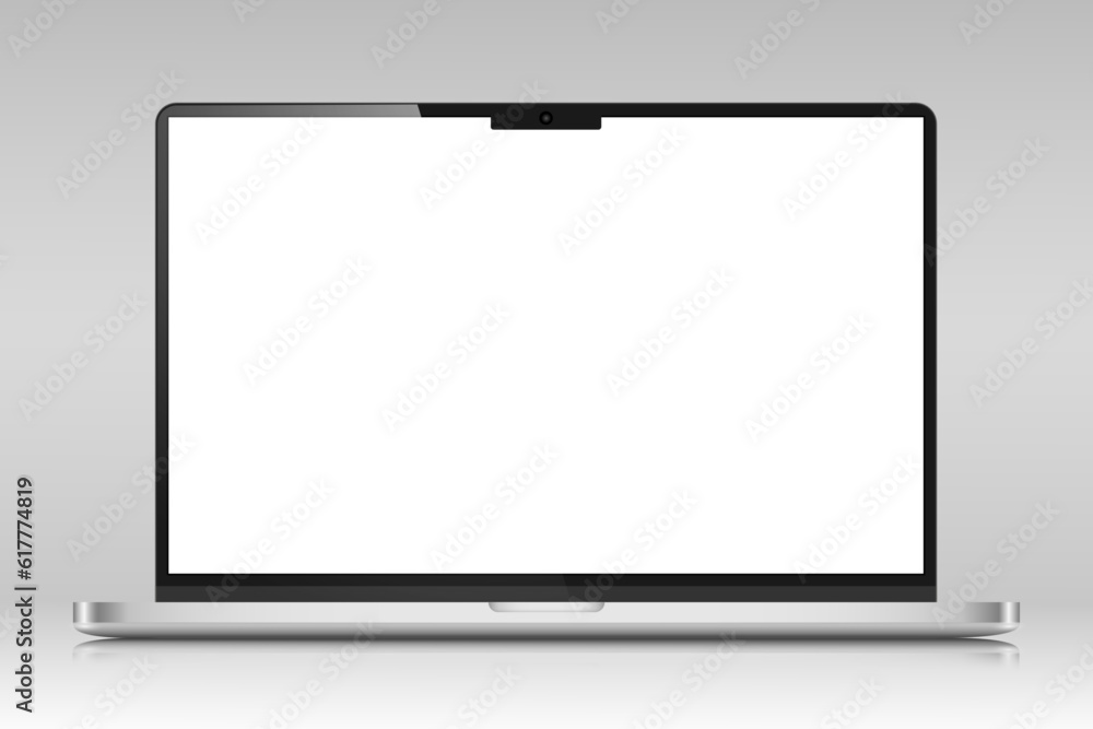 Poster a laptop with a silver case and a white screen on a gray gradient background. realistic laptop layou