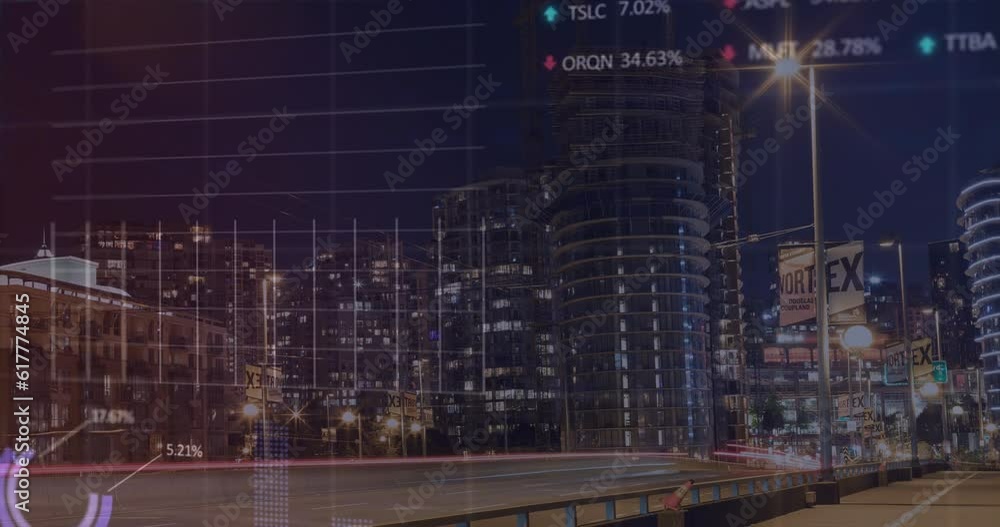 Poster animation of statistical and stock market data processing against view of cityscape at night