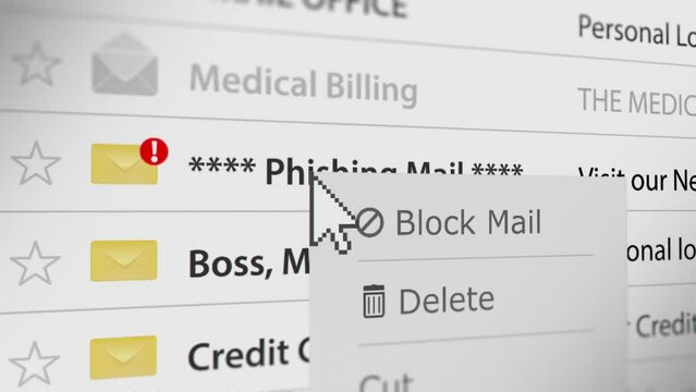 Animated Mouse Cursor Clicks to Block the Mail Menu on Webmail. Fictitious Data Created Exclusively for This Concept Footage
