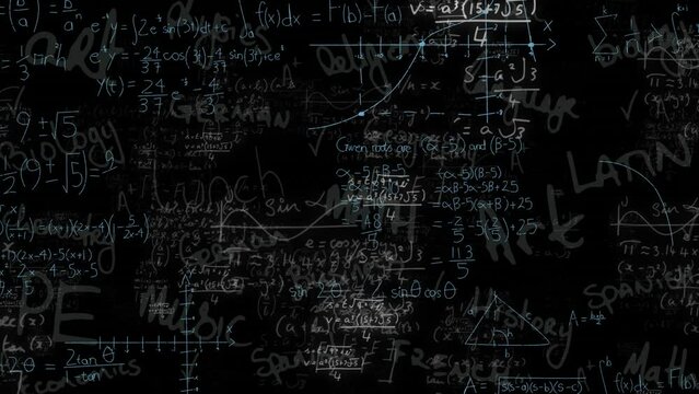 Animation of mathematical equations and light spot against black chalkboard background