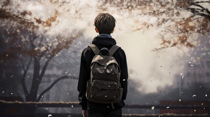 Teenager with a school backpack on the background of the city streets. generative AI