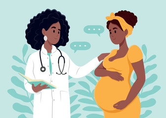 Black female doctor in white medical uniform talking about results or symptoms with african pregnant woman.