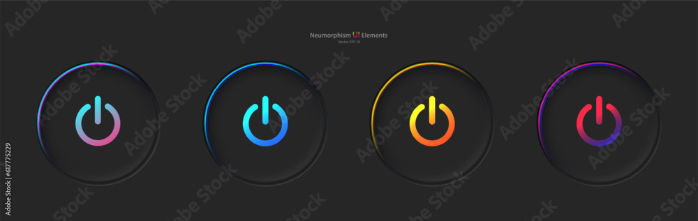 Poster a set of four black round buttons with colored power symbols. user interface elements for mobile dev
