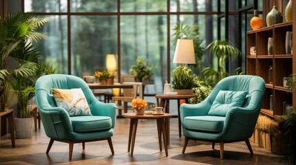 Fototapeta premium Home interior mock-up with turquoise armchairs, table and pampas, 3d render. Created with generative AI.