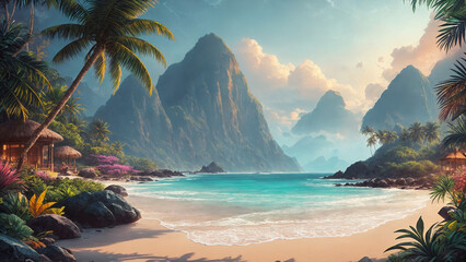 An idyllic imaginary landscape with a tropical beach, bungalows, palm trees, a tranquil bay, and evening light at sunset. Generative AI