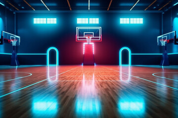 Obraz premium color neon game basketball arena corridor empty indoor background hall interior design. Generative AI.