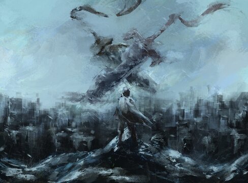 man looking the giant swords , god myth and Legend ,digital art, Illustration painting.