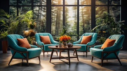 Obraz premium Home interior mock-up with turquoise armchairs, table and pampas, 3d render. Created with generative AI.