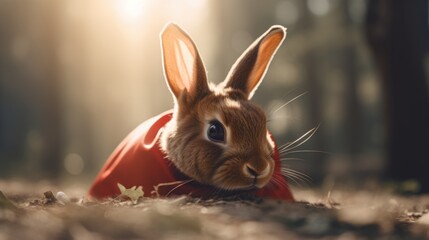 Obraz premium Cloaked Champion: Rabbit in a Hero's Ensemble Protects the Meadow's Tranquility