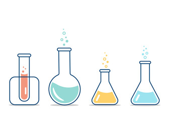 Round and flat-bottomed flasks, test tubes with solutions and reagents. Chemical reaction. Illustration on the topic of chemistry, biotechnology, biology. - obrazy, fototapety, plakaty